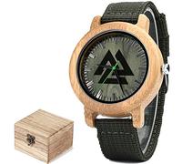 Men Viking Canvas Watch Band Analog Wooden Wrist Watch,Nordic Vintage Quartz Analog Watch, Handmade Fashion Watches. (D)