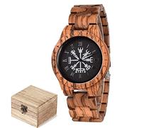 Men Viking Wooden Quartz Analog Wrist Watches, Handmade Nordic Vintage Quartz Analog Watch with Vegvisir Pattern. (Black)