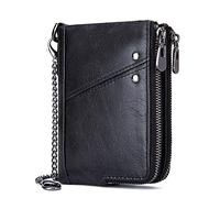 Men Vintage Real Leather Wallets with Anti-Theft Chain,RFID Blocking Bifold Multifunctional Card Holder Minimalist Double Zipper Coin Pocket Purse Wallet,Black
