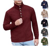 Men Waffle Pullover Buttons Jumper Stand Collar Jacket Long Sleeve Sweatshirt Soild Color Sweaters Warm Soft Jumpers Casual Tops Classic Cotton Pullovers Autumn Winter Thermal Coat, UK Size S-XXL