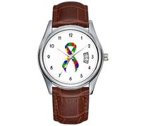 Men Watch Casual Waterproof Quartz Watches Clock Date Classic Business Brown Leather Christmas Wristwatch Puzzle Ribbon Support Awareness Wrist Watch, Brown, commercial