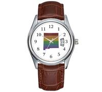 Men Watch Casual Waterproof Quartz Watches Clock Date Classic Business Brown Leather Christmas Wristwatch New Mexico Rainbow Gay Pride Wrist Watches, Brown, commercial