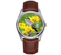 Men Watch Casual Waterproof Quartz Watches Clock Date Classic Business Brown Leather Christmas Wristwatch Gray Catbird on Wooden Fence Wristwatches, Brown, commercial