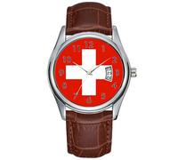 Men Watch Casual Waterproof Quartz Watches Clock Date Classic Business Brown Leather Christmas Wristwatch Country Flag Switzerland Swiss Watches, Brown, commercial