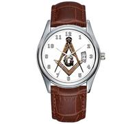 Men Watch Casual Waterproof Quartz Watches Clock Date Classic Business Brown Leather Christmas Wristwatch Masonic Minds (Golden) Wrist Watches, Brown, commercial