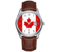 Men Watch Casual Waterproof Quartz Watches Clock Date Classic Business Brown Leather Christmas Wristwatch Canada Maple Leaf Flag Canadian Watch, Brown, commercial