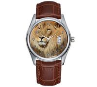 Men Watch Casual Waterproof Quartz Watches Clock Date Classic Business Brown Leather Christmas Wristwatch Resting Lion Watch, Brown, commercial