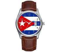 Men Watch Casual Waterproof Quartz Watches Clock Date Classic Business Brown Leather Christmas Wristwatch Country Flag Cuba Watches, Brown, commercial