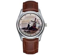 Men Watch Casual Waterproof Quartz Watches Clock Date Classic Business Brown Leather Christmas Wristwatch Impressionism Windmill at Zaandam - Claude Monet Wristwatches, Brown, commercial