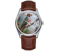 Men Watch Casual Waterproof Quartz Watches Clock Date Classic Business Brown Leather Christmas Wristwatch Woodpecker Bird Woodpeckers Birds Green Red Tree Wrist Watches, Brown, commercial