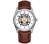 Men Watch Casual Waterproof Quartz Watches Clock Date Classic Business Brown Leather Christmas Wristwatch Firefighter Flaming Skull Watch, Brown, commercial
