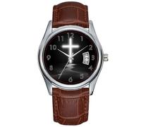 Men Watch Casual Waterproof Quartz Watches Clock Date Classic Business Brown Leather Christmas Wristwatch Christian Cross Reflection in The Mist Wristwatch, Brown, commercial