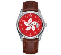 Men Watch Casual Waterproof Quartz Watches Clock Date Classic Business Brown Leather Christmas Wristwatch Hong Kong Flag Wristwatches, Brown, commercial