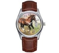 Men Watch Casual Waterproof Quartz Watches Clock Date Classic Business Brown Leather Christmas Wristwatch Cantering foal Art Watches, Brown, commercial