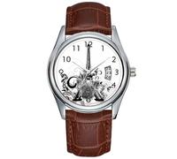 Men Watch Casual Waterproof Quartz Watches Clock Date Classic Business Brown Leather Christmas Wristwatch Frenchie in Thoughts in Paris Wristwatches, Brown, commercial