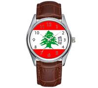 Men Watch Casual Waterproof Quartz Watches Clock Date Classic Business Brown Leather Christmas Wristwatch Country Flag Lebanon Wristwatch, Brown, commercial