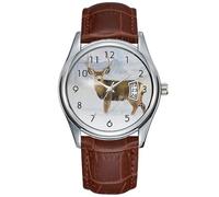 Men Watch Casual Waterproof Quartz Watches Clock Date Classic Business Brown Leather Christmas Wristwatch Deer Animal Buck Winter Landscape Snow Snowy Wristwatches, Brown, commercial
