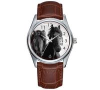 Men Watch Casual Waterproof Quartz Watches Clock Date Classic Business Brown Leather Christmas Wristwatch Two Friesian Stallions. Wristwatches, Brown, commercial