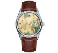 Men Watch Casual Waterproof Quartz Watches Clock Date Classic Business Brown Leather Christmas Wristwatch White Summer Floral Flowers Spring Flower Blooms Wristwatches, Brown, commercial