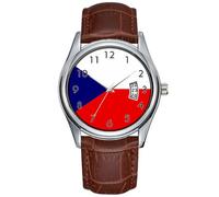 Men Watch Casual Waterproof Quartz Watches Clock Date Classic Business Brown Leather Christmas Wristwatch Flag of The Czech Republic Watch, Brown, commercial