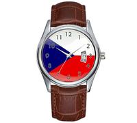 Men Watch Casual Waterproof Quartz Watches Clock Date Classic Business Brown Leather Christmas Wristwatch Flag of Czech Republic Wristwatches, Brown, commercial