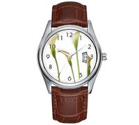 Men Watch Casual Waterproof Quartz Watches Clock Date Classic Business Brown Leather Christmas Wristwatch Calla Lily Flower Stems Floral Lilies Garden Wristwatches, Brown, commercial