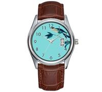 Men Watch Casual Waterproof Quartz Watches Clock Date Classic Business Brown Leather Christmas Wristwatch Sumi-e Turquoise Bird Watch, Brown, commercial
