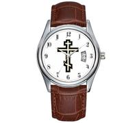 Men Watch Casual Waterproof Quartz Watches Clock Date Classic Business Brown Leather Christmas Wristwatch Russian Orthodox Cross Wrist Watches, Brown, commercial