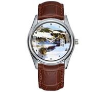 Men Watch Casual Waterproof Quartz Watches Clock Date Classic Business Brown Leather Christmas Wristwatch Impressionism Cornish Hills - Willard Metcalf Wrist Watch, Brown, commercial