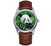 Men Watch Casual Waterproof Quartz Watches Clock Date Classic Business Brown Leather Christmas Wristwatch Giant Panda cub eats Bamboo in The Bush, Wristwatch, Brown, commercial