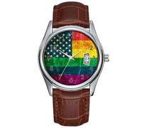Men Watch Casual Waterproof Quartz Watches Clock Date Classic Business Brown Leather Christmas Wristwatch Scratched Vintage Gay Pride American Rainbow Flag Watches, Brown, commercial