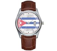 Men Watch Casual Waterproof Quartz Watches Clock Date Classic Business Brown Leather Christmas Wristwatch Flag of Cuba Watches, Brown, commercial