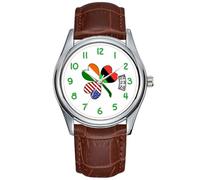Men Watch Casual Waterproof Quartz Watches Clock Date Classic Business Brown Leather Christmas Wristwatch African American Shamrock Wristwatch, Brown, commercial