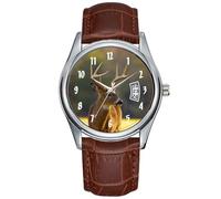 Men Watch Casual Waterproof Quartz Watches Clock Date Classic Business Brown Leather Christmas Wristwatch Point Whitetail Buck Animal Hunting Hunter Watches, Brown, commercial