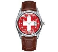 Men Watch Casual Waterproof Quartz Watches Clock Date Classic Business Brown Leather Christmas Wristwatch Grunge Switzerland Flag Wristwatch, Brown, commercial