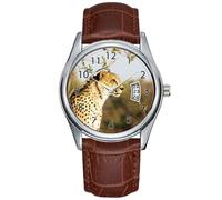 Men Watch Casual Waterproof Quartz Watches Clock Date Classic Business Brown Leather Christmas Wristwatch Cheetah Safari Africa Fast Cat Wildlife Wristwatch, Brown, commercial