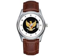Men Watch Casual Waterproof Quartz Watches Clock Date Classic Business Brown Leather Christmas Wristwatch Indonesian National Emblem Wrist Watches, Brown, commercial