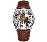 Men Watch Casual Waterproof Quartz Watches Clock Date Classic Business Brown Leather Christmas Wristwatch A Winter Scenic of Running Horses on The 2 Wrist Watches, Brown, commercial