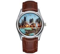 Men Watch Casual Waterproof Quartz Watches Clock Date Classic Business Brown Leather Christmas Wristwatch Canoes on Oak Street Beach a Little After Sunset Wrist Watches, Brown, commercial