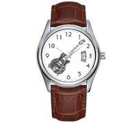 Men Watch Casual Waterproof Quartz Watches Clock Date Classic Business Brown Leather Christmas Wristwatch Jazz Guitar Shaped Word Art Black Text Wristwatch, Brown, commercial