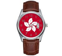 Men Watch Casual Waterproof Quartz Watches Clock Date Classic Business Brown Leather Christmas Wristwatch Flag of Hong Kong Watch, Brown, commercial