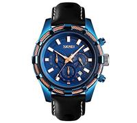Men Watches Black Leather Band Sports Large Big Face Luxury Waterproof Luminous Fashion Dress Casual Analog Quartz Chronograph Father Gifts Wrist Watch SKMEI, Blue, Chronograph,Quartz Watches