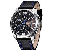 Men Watches Black Leather Band Sports Large Big Face Luxury Waterproof Luminous Fashion Dress Casual Analog Quartz Chronograph Father Gifts Wrist Watch SKMEI, Blue watch hands, classic