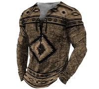 Men Western Aztec Long Sleeve T Shirt Vintage Ethnic Style Lace Up Top Outdoor Tactical Tee Shirt 3D Printed Casual Henley Shirt