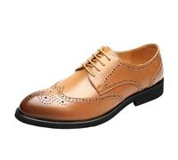 Men Wingtip Brogue Dress Formal Shoes Genuine Leather Office Vintage Lace Up Wingtip Prom Wedding Tuxedo Non Slip Low Top Block Heel Anti-Slip Shoe(Giallo,6 UK)
