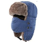 Men Winter Trapper Hat Bomber Hats Trooper Ear Flaps Ushanka Eskimo Bomber Hunting Hat Russian Cold Weather Hats Ski Skiing Hat Aviator Ushanka Eskimo Skiing Cap Ear Flaps Hats Mask Blue
