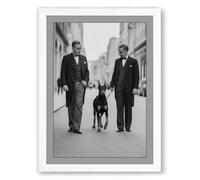 Men with Dog, City Street Vintage Framed Wall Art Print A1 (84.1×59.4cm) White, Wall Decor for Living Room, Bedroom, Office & Home, Ready to Hang, Art Gift