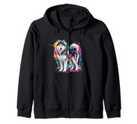 Men Woman Colorful Watercolor Siberian Husky Zip Hoodie