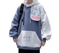 Men Women Anime Cow Kawaii Hoodie Preppy Harajuku Japanese Letter Cute Light Academia Alt Aesthetic Cartoon Oversized, Blue, X-Large