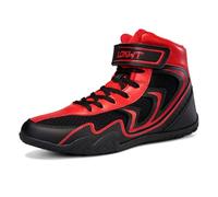 Men Women Boxing Combat Sneakers High-Top Trendy Design Adjustable Ankle Strap Breathable Upper Non Slip Rubber Sole Training Gym Street Style,Red,6.5 UK